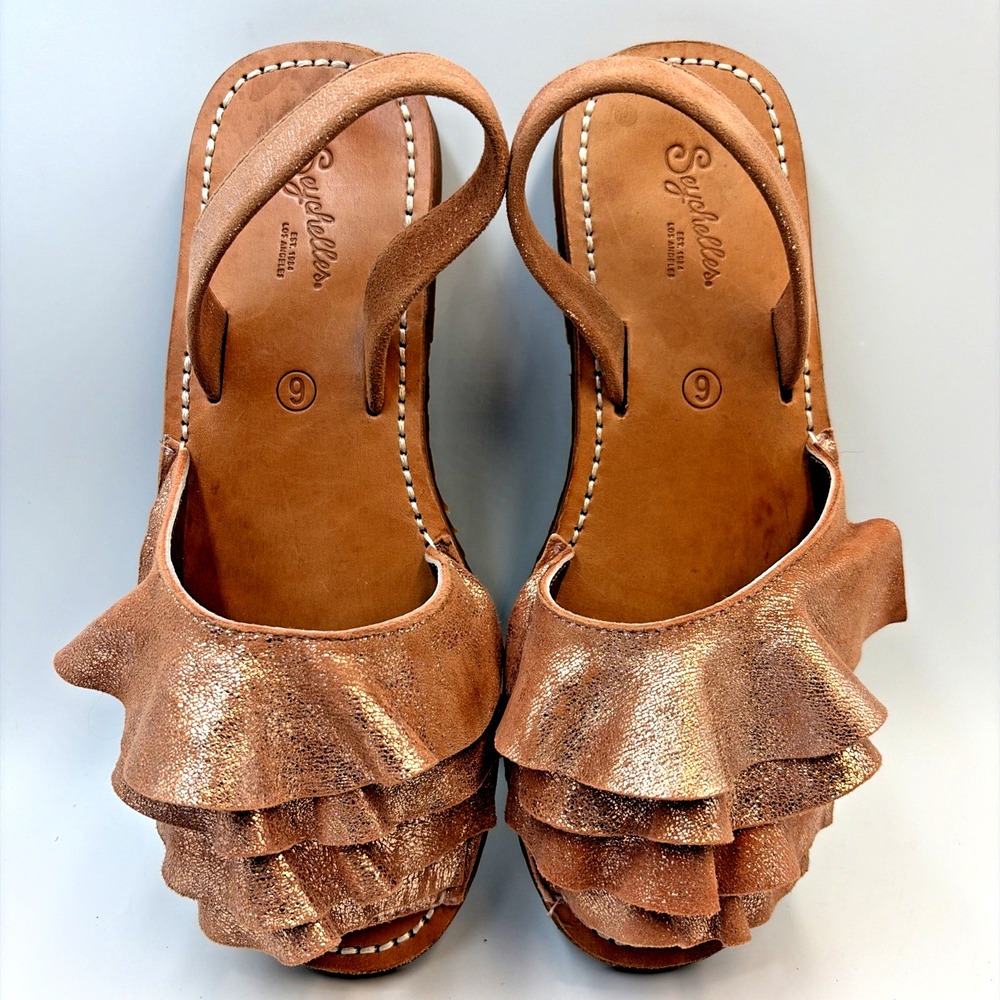 Seychelles Rose Gold Frill Metallic Leather Sandals Summer Slip On Flats Size 9 - Picture 12 of 14